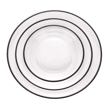 Light Luxury Glass Tray With Black Rim Round Flat Glass Plate For Wedding Events