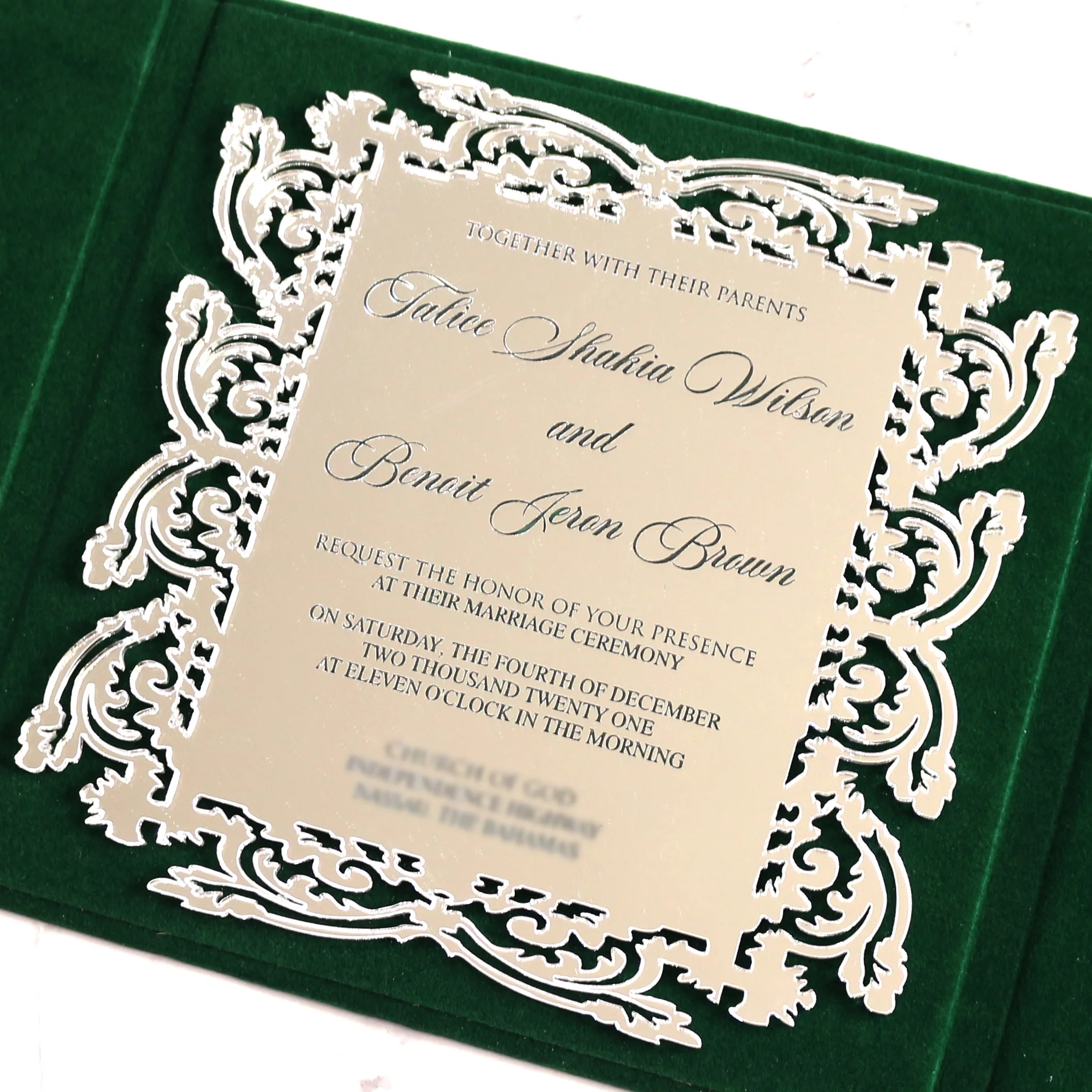 Custom Funny Folio Dark Green Velvet Hardcover Wedding Invitation Handmade  Luxury Silver Mirror Invitation Cards, image size:2116x2116