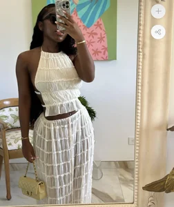 JY LX005 Summer 2024 New Women Two Piece Skirt Suit Sexy Halter Pleated Backless Lace Crop Tops Long Dress Set Elegant Outfit