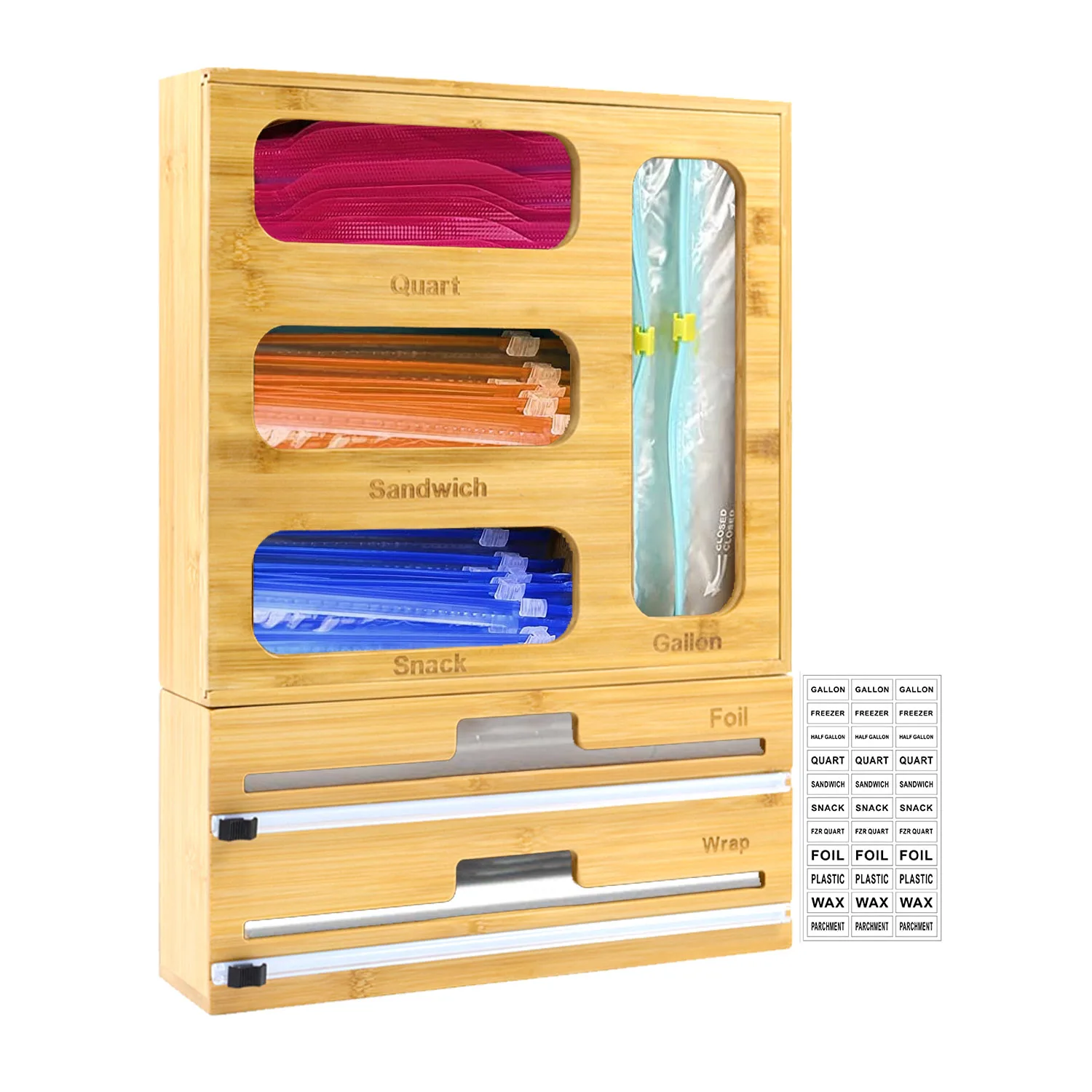 Wood Bag Foil Organizer For Sandwich Bamboo Plastic Ziplock Bag