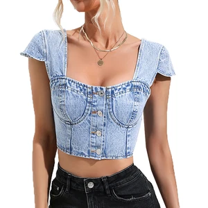 Custom Logo Women's Button Closure Square Neck Denim Crop Top