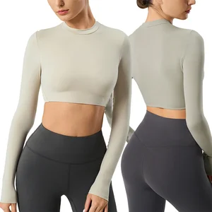 Yoga Suit Women's Tights Chest Pad Sports Long Sleeve T-shirt Breathable Front Logo Vest Line Crop Short Top Custom