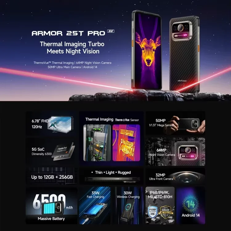 ULFONE ARMOR 25T Pro Rugged 5G Smartphone with MIL-STD-810H IP69K 6.78\" MediaTek Dimensity 6300 NFC & LTE Android OS