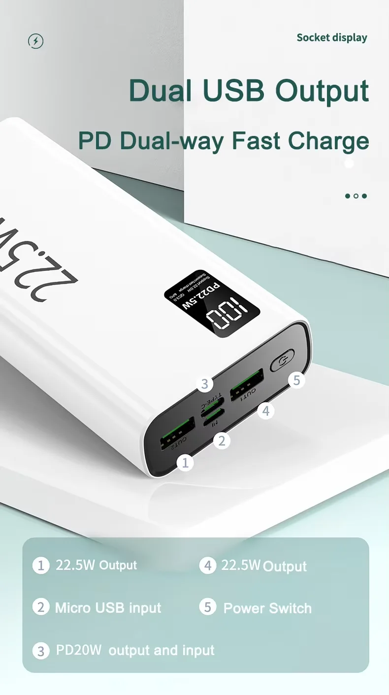 22.5w Fast Charging Power Bank 20000mah Large Capacity Mobile Power