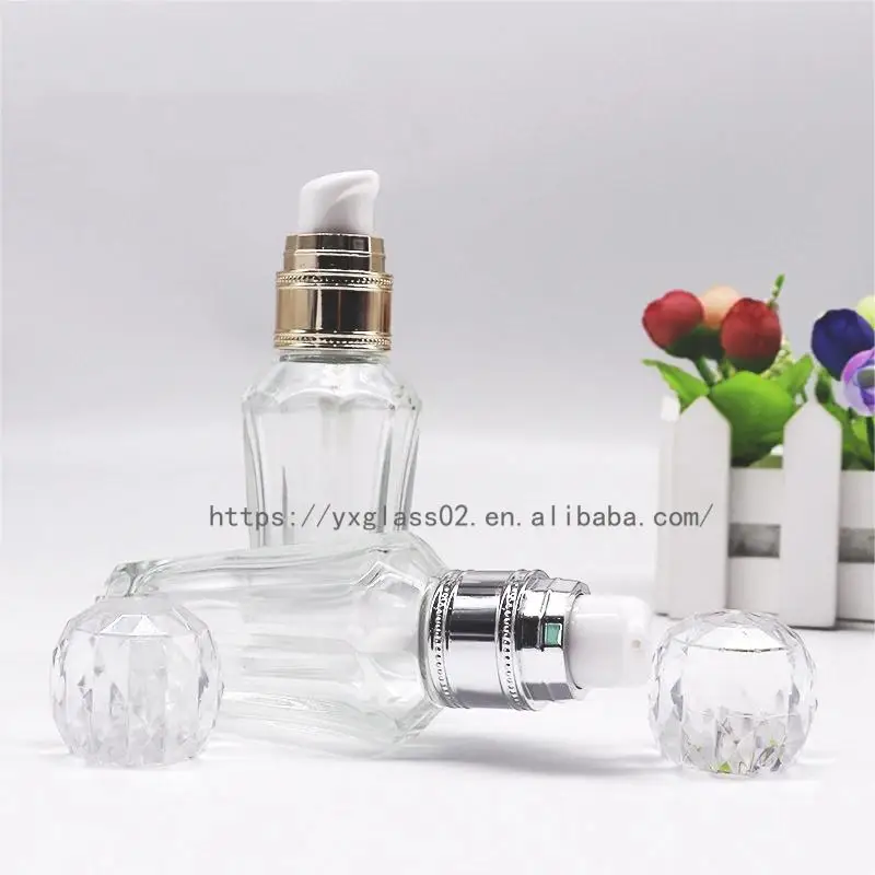 Factory Luxury cosmetic liquid-diamond shape foundation glass bottle make up container with squeeze pump 30ml50ml factory