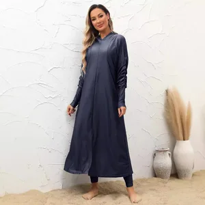 Modest Muslim Women's Halter & Lace up Chiffon 2-Piece Long Sleeve Sun Protective Beach Burkini Swimsuit Islamic Beachwear