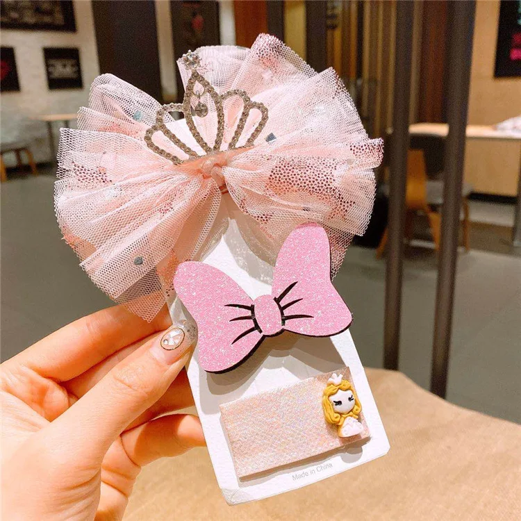 Новое платье в Корейском стиле, модные носочки с изображением снежной принцессы для девочек, милое и красивое ребенок Блестящий горный хрусталь корона бант заколка для волос, комплект для девочек резинки для волос