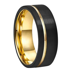 8mm Black Gold Tungsten Carbide Ring for Men Women Wedding Band Offset Line Pipe Cut Brushed Finish Comfort Fit