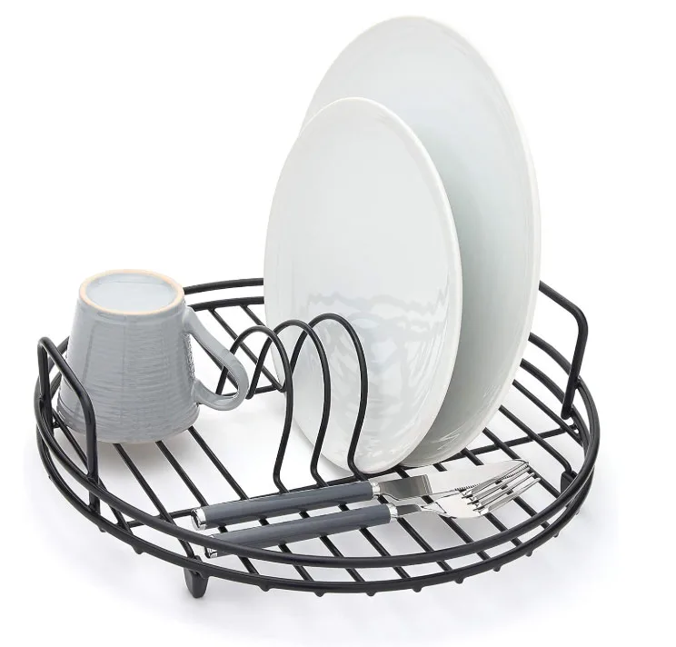 Modern Round Black Metal Dish Drainer Kitchen Sink Drying Rack Organizer  Circular Standing Type Use As Plate Holder Storage