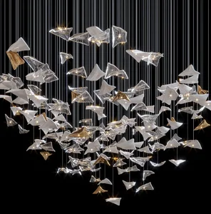 Custom Creative Luxury Lotus Leaf Glass Pendant Lighting Large Chandelier for High Ceiling of Villa and Lobby and Hotel