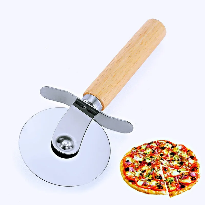 Stainless Steel Pizza Cutter Wooden Handle Hob Single Wheel New Crispy ...