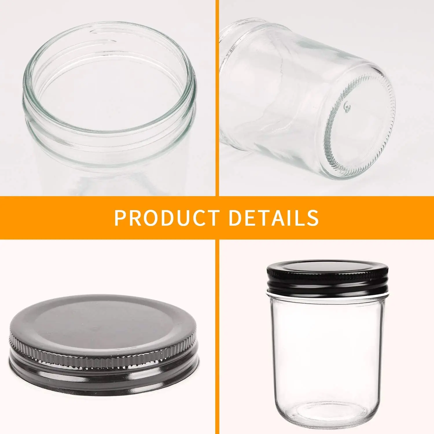 6 Oz 200 ML Clear Wide Mouth Glass Mason Jar Jelly Jars with Black Metal Lids
