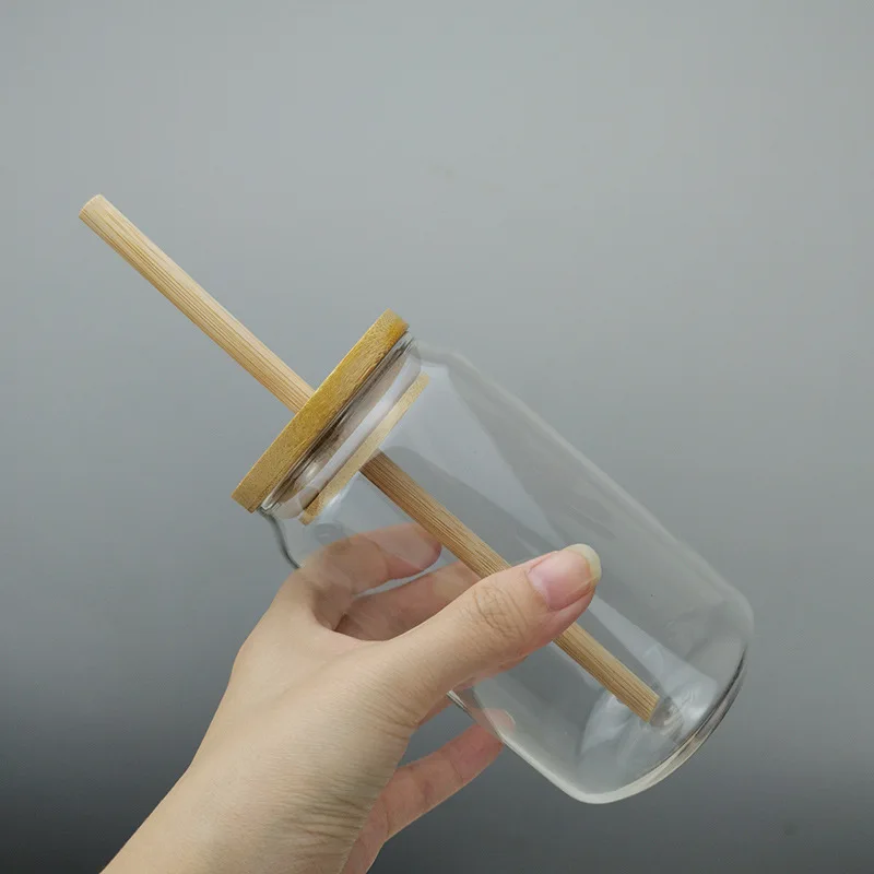 16oz puede tazas de vidrio tapa de bambú vaso de vidrio con paja