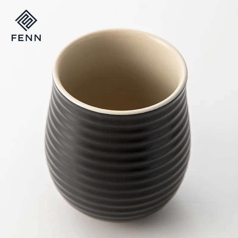 FENN 150ml Customized Logo Turkish Tea Cups Set of 6 Drinking Coffee Mug Ceramic Tea Cups No Handle Black Matte Tea Cup Gift Set