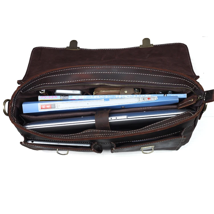 OEM Custom Vintage Style Brown Crazy Horse Leather Mens Shoulder 14 Inches Laptop Bag Leather Messenger Briefcase