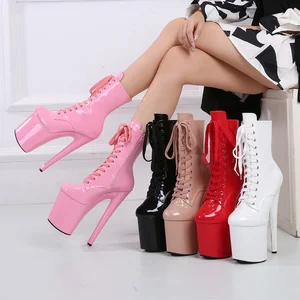 Sexy Stripper Heels Laces Round Head Low Leg Ankle Boots 20cm Sexy Shoes Very High Heels Black Platform Pole Dance Shoes