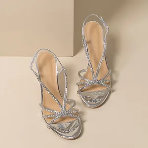 QuiteS 2026 Women's Elegant Silver Rhinestone Open Toe High Heels Thin Heels Outdoor Party Socialite Design New Summer