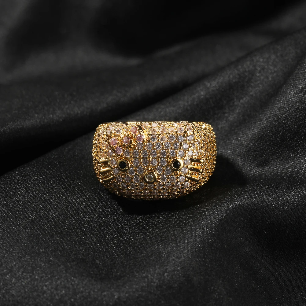 Sanrio Cartoon HK Cat Rings with Cat Face Ring Women 18K Gold Plated Iced Out 5A CZ Y2K aperçu 5