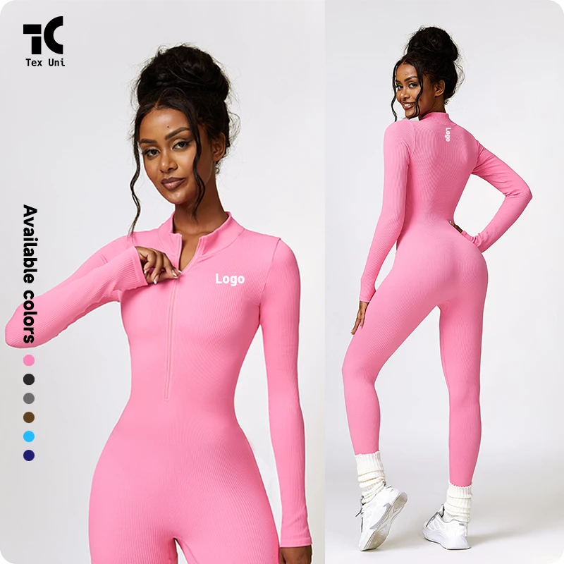 Easy to Wear Women's Yoga Bodysuit With Tummy Control Playsuits Gym Fitness Half Zip Onesie Athletic Long Sleeve Jumpsuit