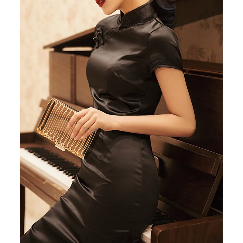Самое популярное в стиле Tik Tok, Китай, новинка, Чонсам в молодежном стиле, черное платье в китайском стиле ретро для девушек, длинное платье