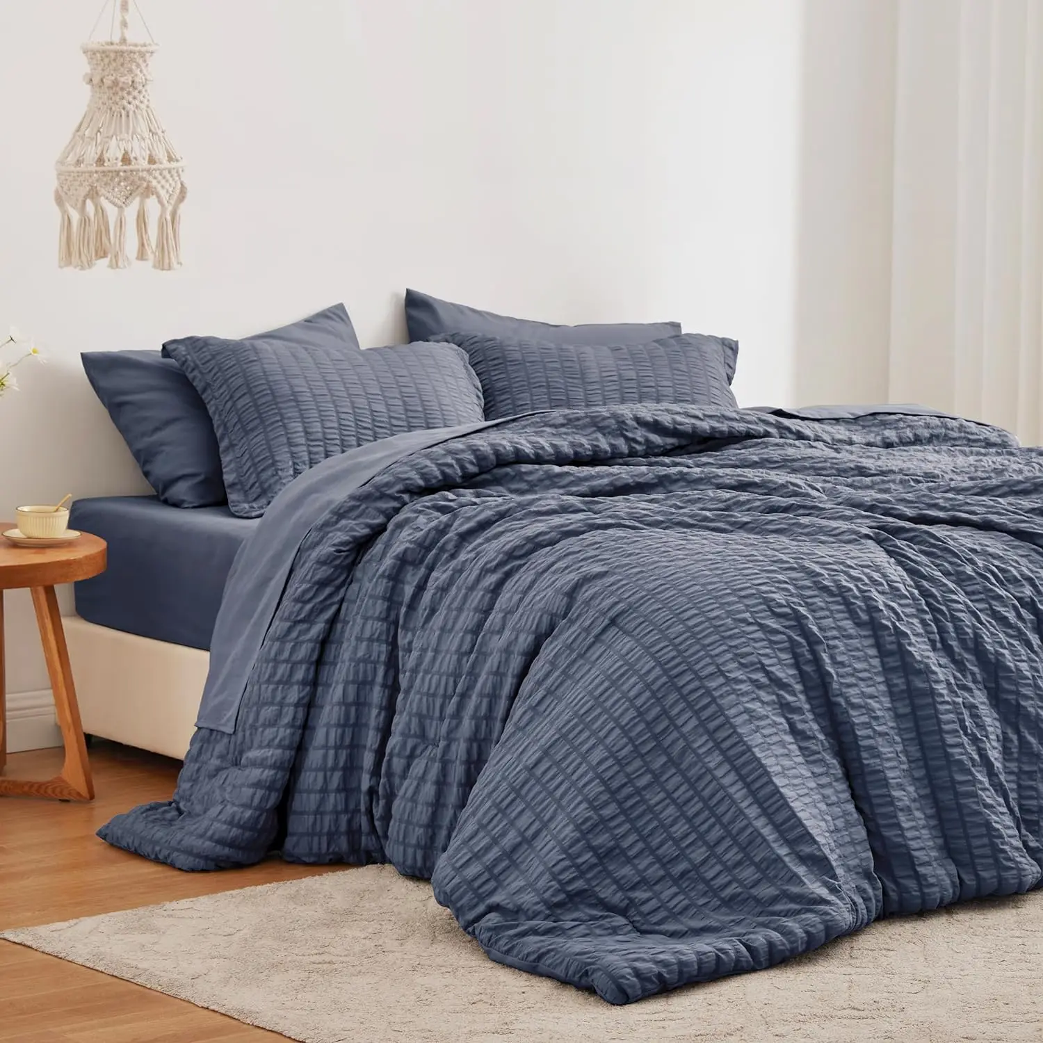 Seersucker Navy Blue Comforter Set 7 Pieces Bedding Set with Comforter, Flat Sheet, Fitted Sheet, Pillowcase and Pillow Sham