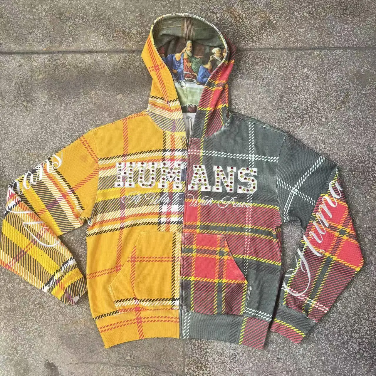 Custom Color Blocked Zip up Jacket Oversized Cotton Terry Acid Wash Cut and Sew Striped Plaid Rhinestone Flannel Hoodie Men gallery 7