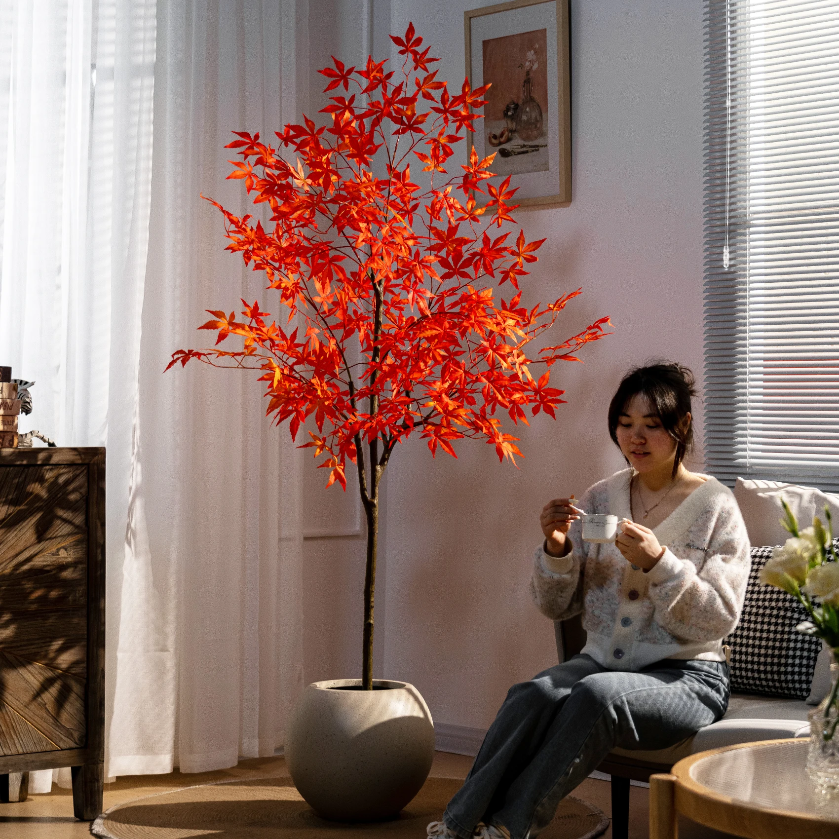 Large Artificial Plants for Indoor Artificial Trees for Outdoor Simulation Plants With Pot Red Faked Tree Bonsai Decoration