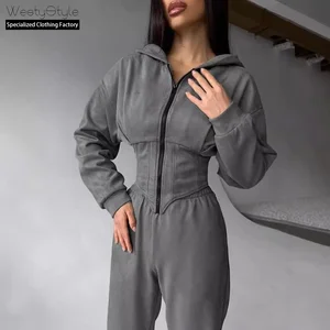 European American Style Women's Autumn Sports Casual Two-Piece Set Solid Color Waist-Cinching Hooded Sweatshirt Long 100%