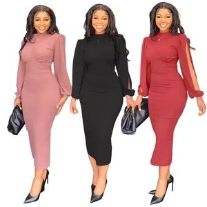 Hot Sales Puff Sleeve Midi Dress Solid Color Elegant Office Dresses Women Formal Work Career Dresses for Ladies