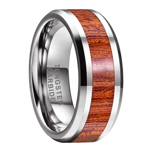 Coolstyle Jewelry 8mm Koa Wood Inlay Tungsten Carbide Ring for Men Women Fashion Engagement Wedding Band Beveled Comfort Fit