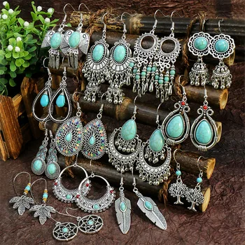 Bohemia Retro Turquoise Stone Tassel Drop Earrings Boho Semi precious earring Jewelry For Women