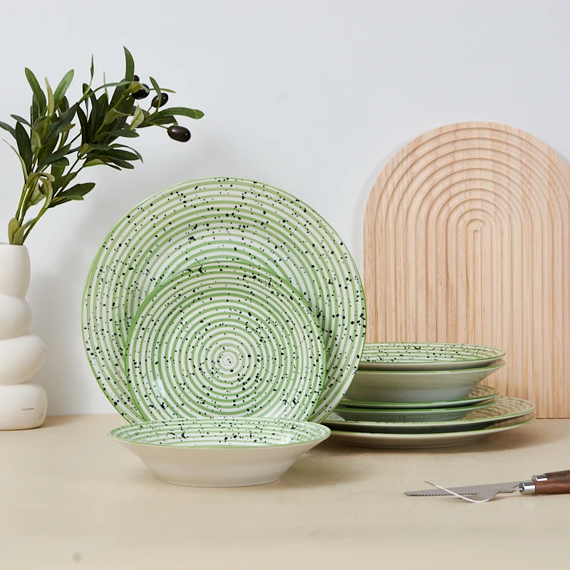 18-Piece Luxury Stoneware Dinner Set Green Black Sesame Microwave-Printed Daily Household Ceramic Plates Premium Ceramic Plates