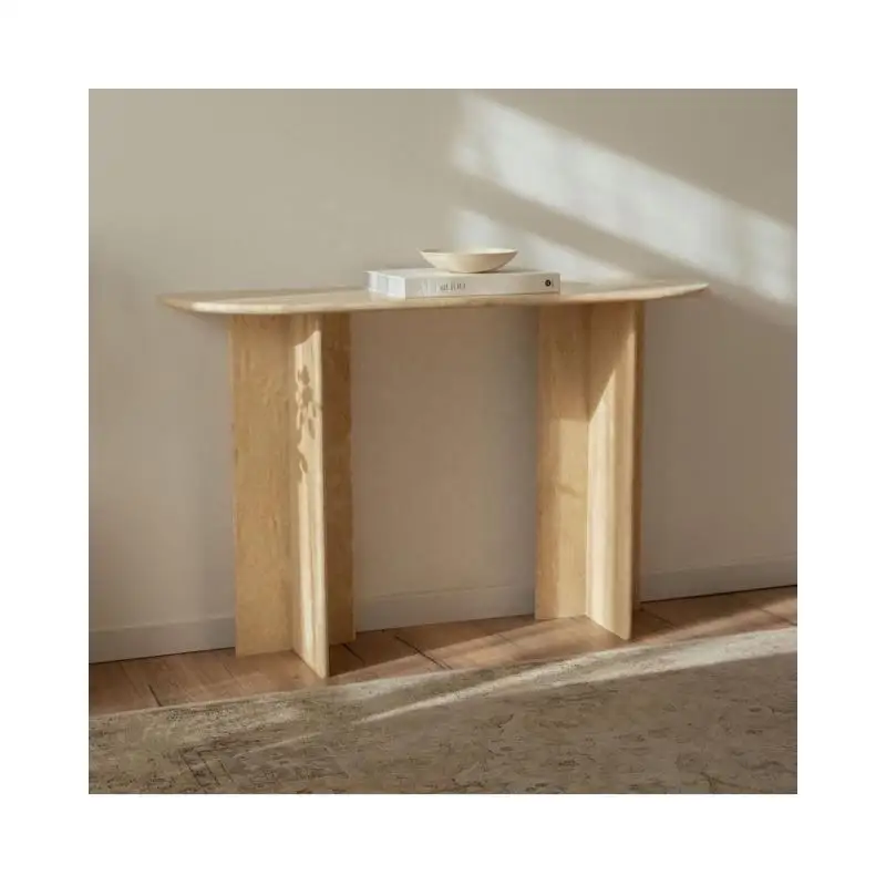 SH STONE High Quality Customized Natural Stone Hallway Entry Decoration Beige Oval Shape Travertine Console Table