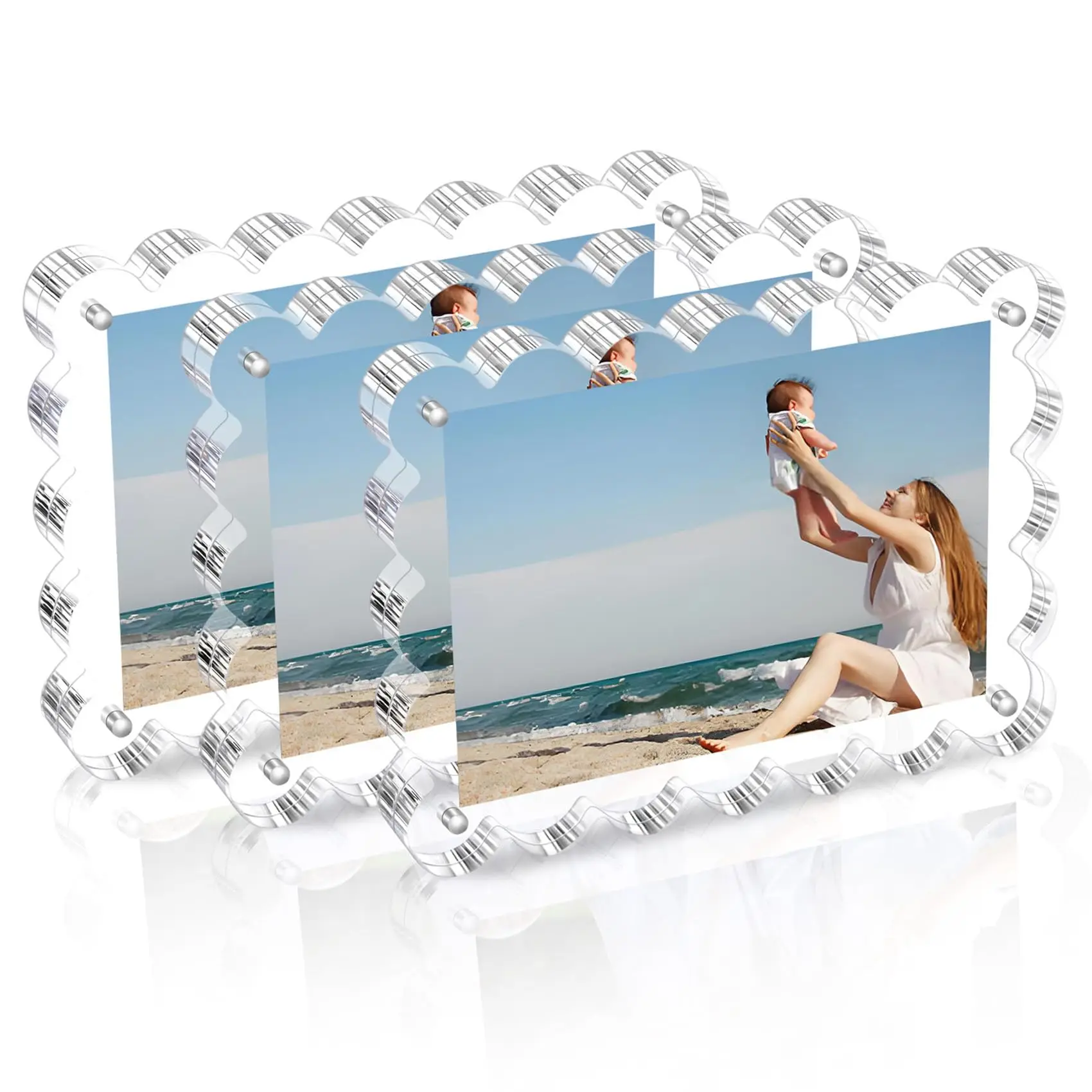 Double Sided Acrylic Scalloped Photo Frame Free Standing Desktop Display Acrylic Picture Frame, Clear Photo Scalloped Frames manufacture