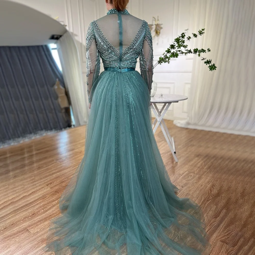 turquoise evening dress with sleeves Luxury Crystal Blue Cap SF291 Bra padding Sequins MACloth 3/4 Sleeves Lace Chiffon