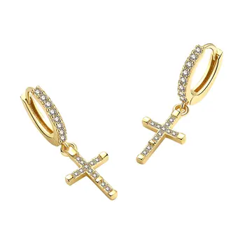 Wholesale zircon paved cross earring gold plated brass earrings fashion brass jewelry for women and men