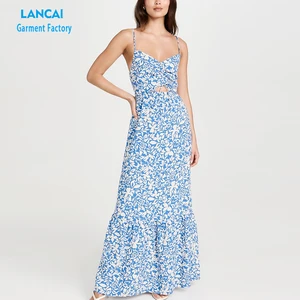 Custom Summer Vacation Tied Open Back Halter Cut Out Thigh High Slit Floral Print Midi Dress