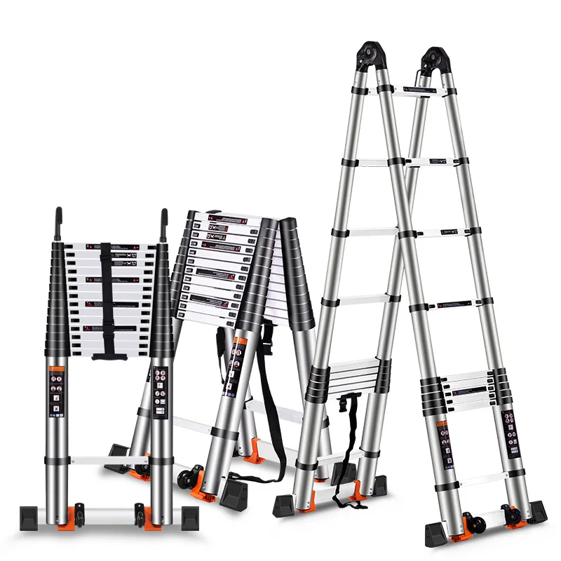 Double Sided a Frame Telescopic Ladder Aluminum Telescoping Extension Ladder Multi-purpose With Stabilizer Bar for Home Carton
