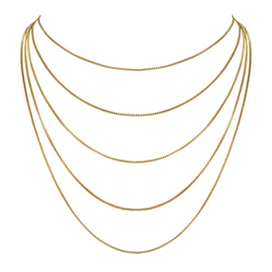 Hypoallergenic 18K Gold Plated 5-Layered Box Chain Necklace for Women Dainty Stainless Steel Sweater Chain Jewelry