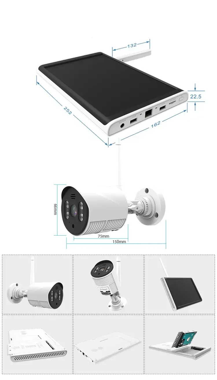 NVR main unit and security camera with detailed dimensions.