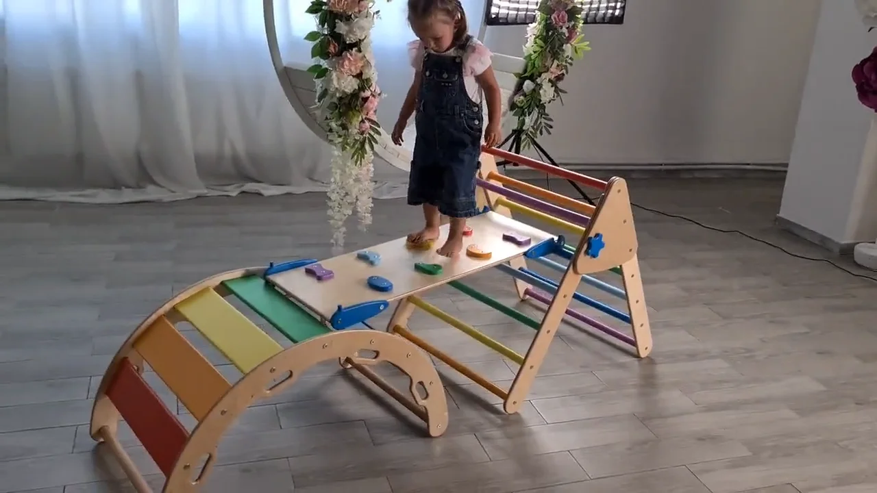 Gimnasio Montessori De Madera Para Bebés - Con Tobogán, Columpio, Escalera Y Rocódromo - Parque De Actividades Interior
