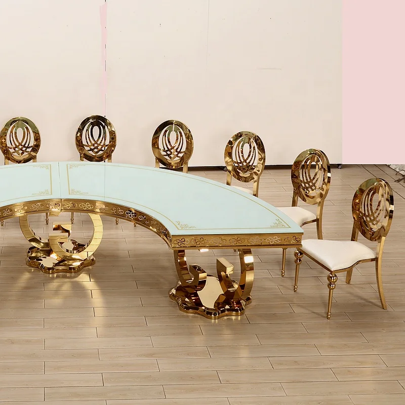 Золотистый полулунный стеклянный стол из нержавеющей стали для банкета и свадьбы