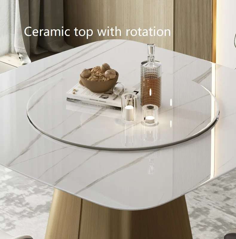 European Style Marble Round Top and square Dining Table with Rotating Centre Ceramic Rotating square Dining Table