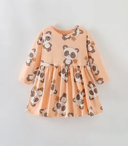 Children's Autumn Panda Print Organic Cotton Long Sleeve Baby Girl Night Dress Orange Handmade