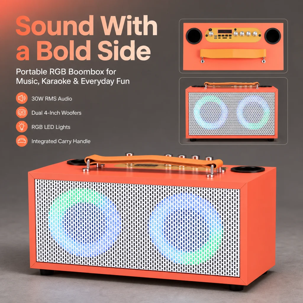HANSUO HS-TD04T1A Dual 4 Inch Portable Karaoke Speaker with  Wireless Microphones  RGB Lights and Wooden Cabinet