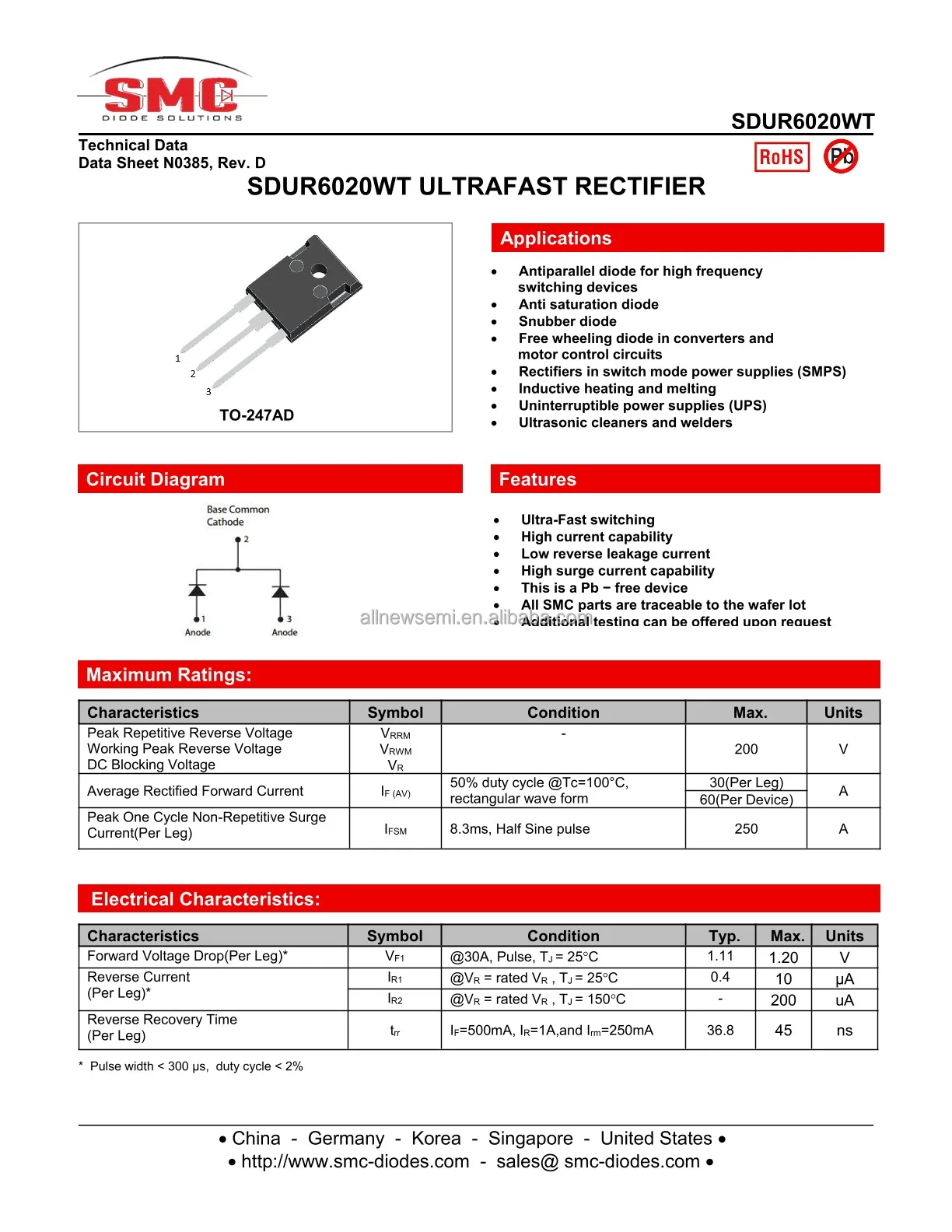 Hot sale Original SDUR6020WT DIODE ARRAY GP 200V TO247AD Diode Array 1 Pair Common Cathode 200 V Through Hole TO-247-3