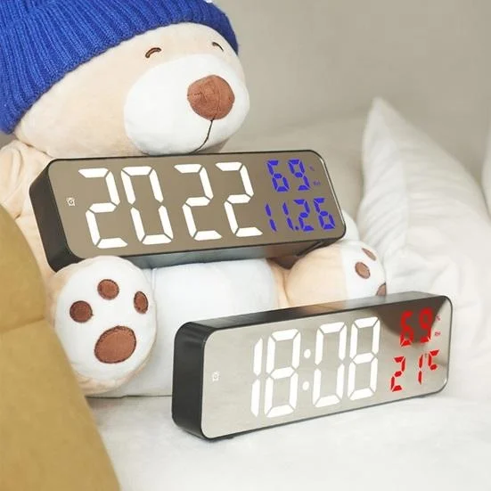 LED Mirror Digital Alarm Clock Electronic Temperature Wall Table Snooze Clock USB Watch Nightlight Home Office Smart Alarm Clock