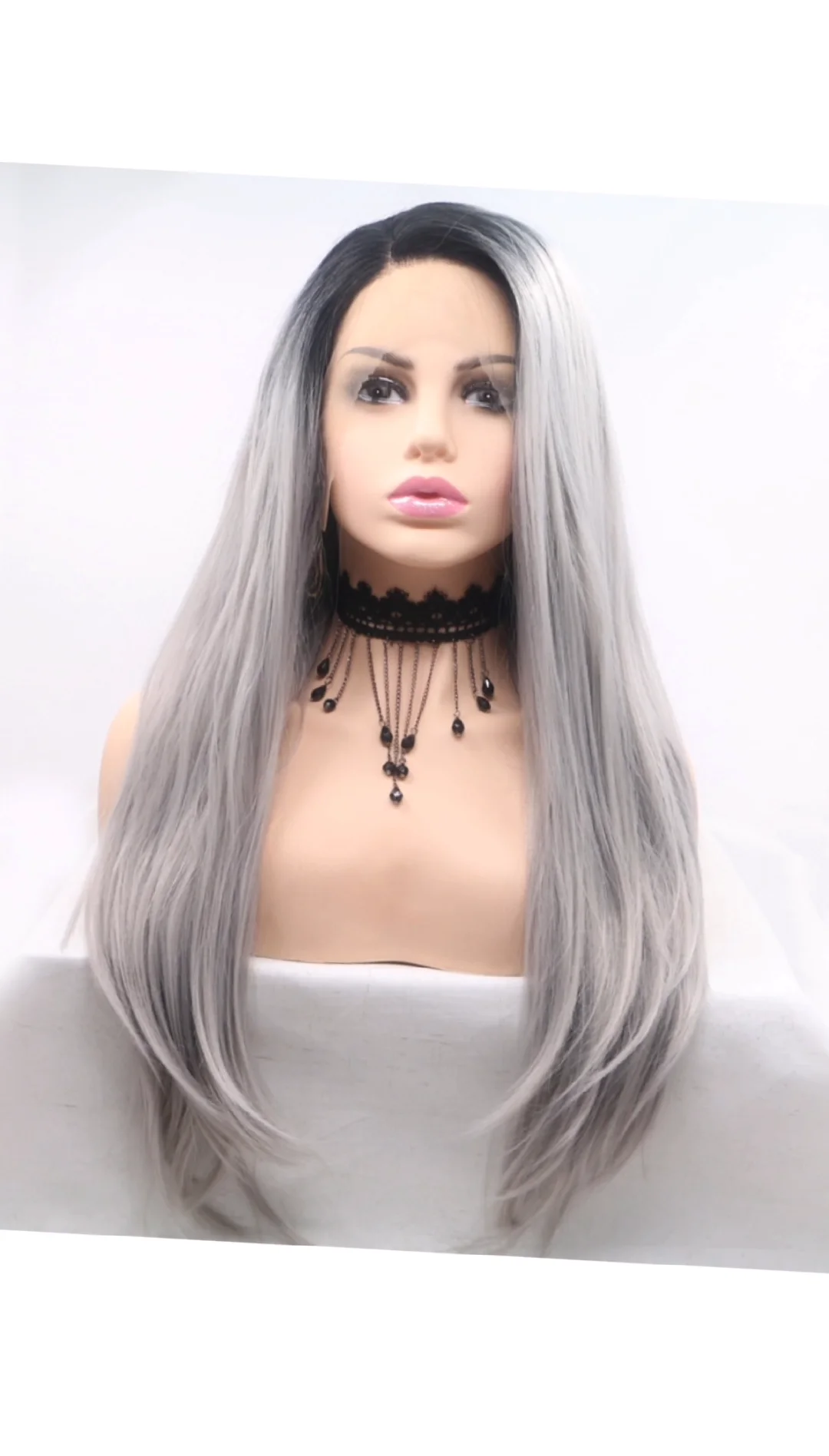 Silver Gray Resistant Fiber Hair Long Straight Lace Front Wig Dark Roots  Pre Plucked Cosplay Synthetic Hair Wigs For Black Women - Buy Synthetic Hair  Wigs,Synthetic Front Lace Wigs,Silver Gray Dark Roots