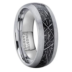 Coolstyle Jewelry 8mm Domed Brushed Black Meteorite Inlay Tungsten Carbide Ring for Men Women Fashion Engagement Wedding Band