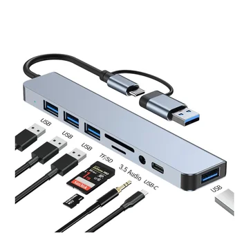 SY new design usb por hub 8 in 1, USB3.0 USB2.0 3.5mm Audio PD Charging SD TF Splitter Multiport Adapter For computer laptop